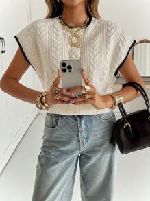 Siren Gaze 女式拼色针织休闲宽松短袖麻花针织上衣，适合秋季单穿，冬季圆领简约时尚休闲日常上衣，适合通勤、返校、秋季 - 杏色 - 查看 6