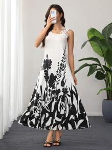 Lacomfia Floral Strap Colorblock Sleeveless Black & White Knitted Dress, Arabian Dresses - Black and White - View 2