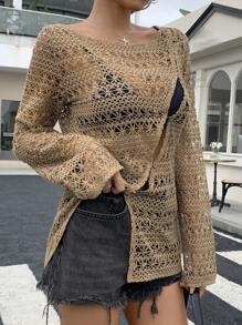 Livesso Women's Hollow Out Long Sleeve Round Neck Cover-Up, Summer Vacation - Khaki - View 6