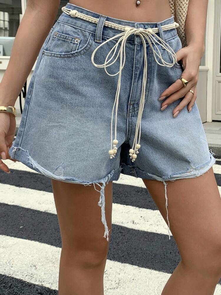 Women's Summer Loose Casual Beaded Woven Belt Denim Shorts Jorts