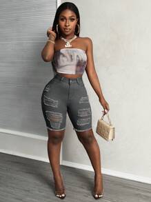 Slaydiva Quần short denim túi rách thường ngày cho nữ - Màu xám đen - Xem 7