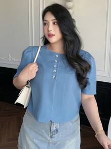 Dazy Plus Plus Size Solid Color Round Neck Short Buttoned Decorative Short Sleeve Shirt, Back To School Clothes - Blue - View 7