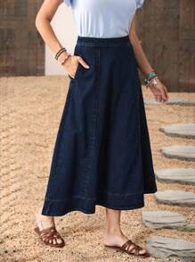 LanaWest 女式高腰休闲通勤插袋A字牛仔迷你裙 - 深色水洗藍 - 查看 4