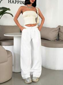 EURMUSE Quần Jeans Denim Xếp Ly Thường Ngày Angel Loose 100% Cotton - trắng - Xem 6