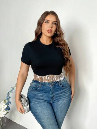 SHEIN Privé Plus Size Elegant Short Sleeve T-Shirt With Fringed Hem, Summer
