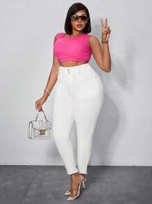 Slaydiva Pantalones vaqueros blancos de talla grande para mujer estilo vaquera de otoño, pantalones casuales y cómodos para mujeres altas - Blanco - Ver 5