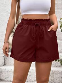 Calvaya Short slim élastique à taille haute de couleur unie, style casual grande taille
