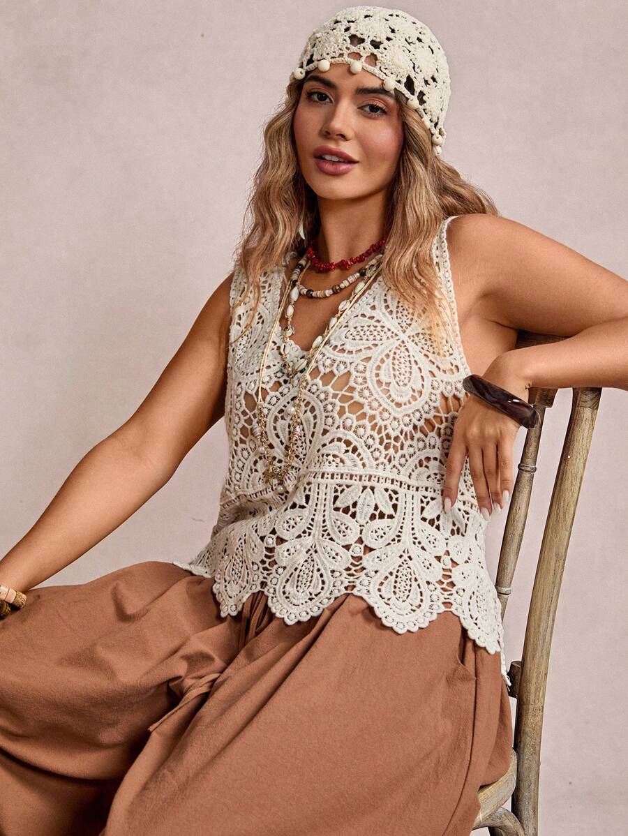 SHEIN VCAY 新款大码女士镂空针织上衣，宽松无袖轻薄夏季罩衫，短款上衣，女士外出上衣，奶油黄色钩针上衣，针织度假上衣，夏季度假，乡村音乐会，狂欢节，音乐会，毕业典礼，欧洲夏季，纳什维尔海滩度假，热带度假