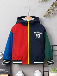 SHEIN Young Boy Casual Comfortable Warmth Letter & Christmas Color Block Striped Hooded Jacket With Thermal Lined, Autumn & Winter - Navy Blue - View 4