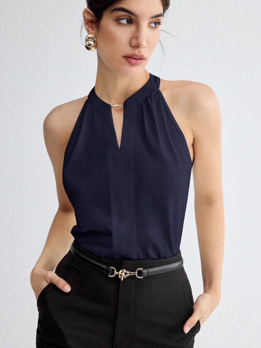 BizChic Áo tank top nữ cổ yếm khoét lỗ màu trơn, phong cách thanh lịch tối giản, thường ngày, đi làm, hẹn hò, du lịch, ngày Độc lập, mùa tốt nghiệp, lễ hội âm nhạc, tôn dáng, đa năng, cao cấp, mùa hè, giao lưu, lễ hội, tiệc tùng, dạo phố, bãi biển, văn phòng, vintage Pháp, tươi mới - Màu xanh hải quân - Xem 1