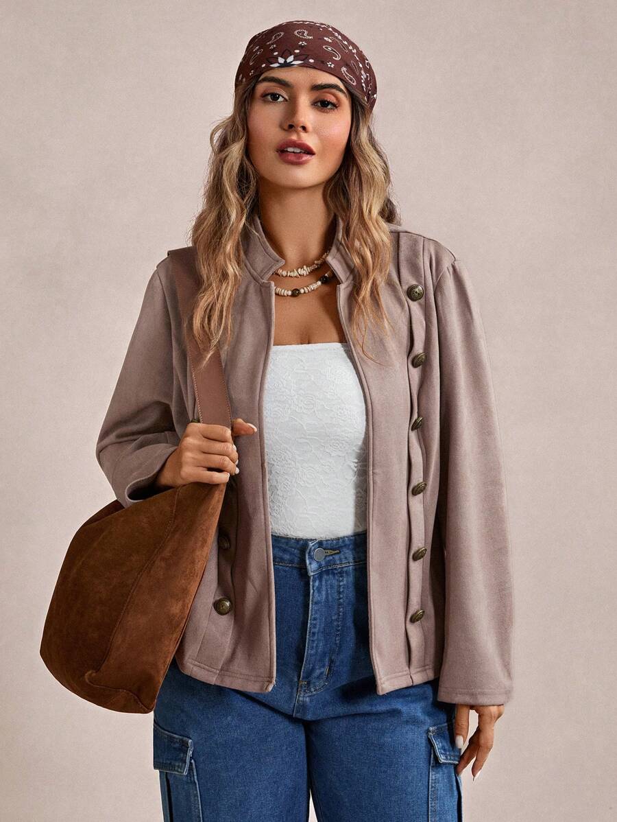 SHEIN LUNE Plus Size Suede Metal Button Casual Jacket, For Winter Fall Autumn - Khaki - View 1