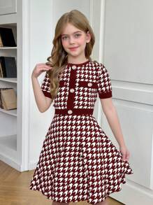 SHEIN Tween 女童千鸟格纽扣装饰圆领修身优雅中长连衣裙