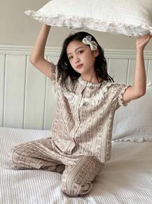 DAZY Girls Summer Casual Homewear Set, Round Neck Short Sleeve Top & Long Pants, Tween Girl Fall Clothes - Khaki - View 1