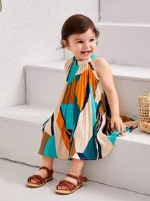 SHEIN Baby Girl's Geometric Print Pleated Halterneck Dress - Beige - View 3