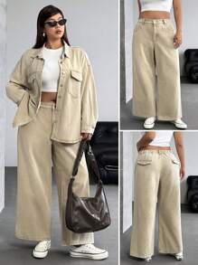 SHEIN ICON Plus Size Women Loose Wide Leg Casual Versatile Denim Jeans