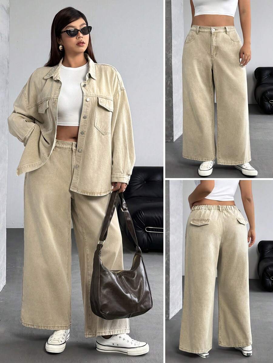 SHEIN ICON Plus Size Women Loose Wide Leg Casual Versatile Denim Jeans