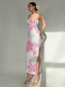 Aloruh Women's Elegant Vacation Tight Bandeau Lily Floral Print Maxi Dress, Suitable For Beach/Resort/Elegant/Romantic Date/Music Festival/Spring Break Suitable For Going Out Chic Dress - White - View 3