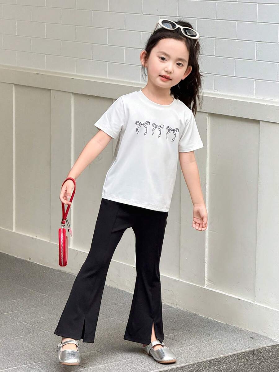 Young Girl Summer New Casual Set Bow Print Short Sleeve T-Shirt + Slim Fit Flare Leg Opening Long Pants, 2pcs - White - View 1