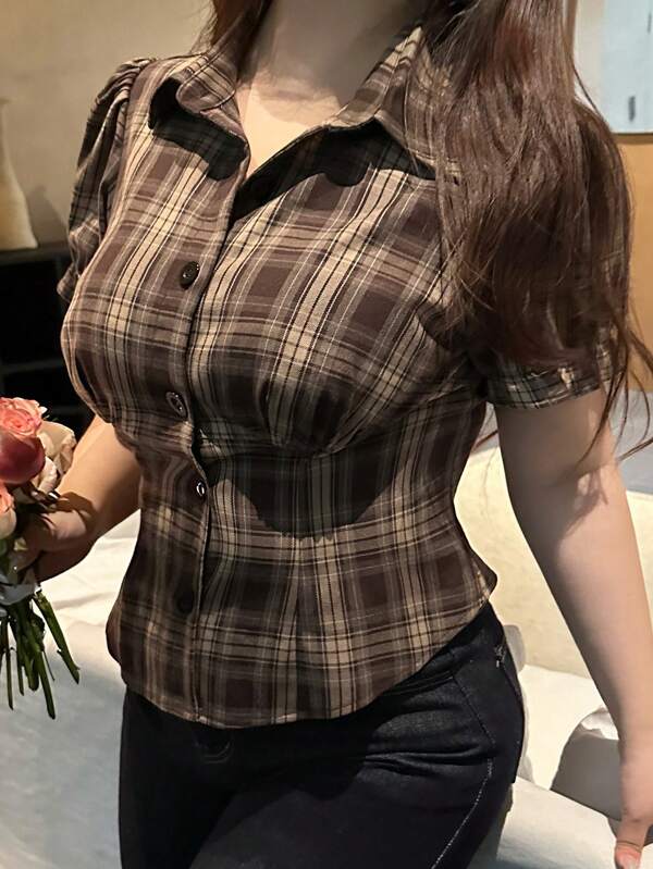 Dazy Plus Plus Size Turndown Collar Check Pattern Ruched Crop Short Sleeve Shirt,Flannels Women Plaid