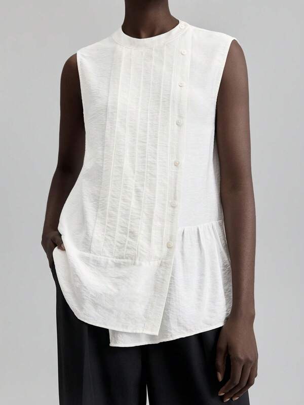 Ontre Blusa de lino holgada de diseño asimétrico sin mangas de color amarillo crema, camisa cómoda para oficina, nueva llegada 2025, ropa casual de alta calidad para ir al trabajo