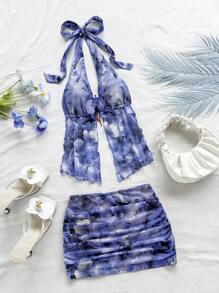 SHEIN x Eduarda Gutierrez Soleia 女士复古扎染花卉印花针织网眼露背系带装饰花背心和褶皱下摆迷你裙套装，适合派对、约会、下午茶、海滩、狂欢节、夏季 - 藍色 - 查看 3