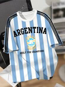 SHEIN 青少年男孩休闲简约足球/阿根廷设计短袖圆领 T 恤，适合夏季