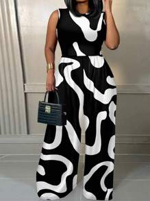 Slaydiva Casual Geometric Pattern Plus Size Jumpsuit With Sleeveless Top, Summer