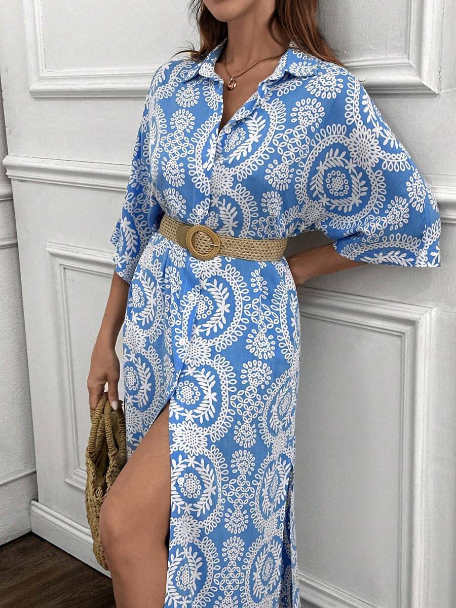 SHEIN Cottnline 全印花前扣连衣裙，度假休闲 - 藍色 - 查看 1