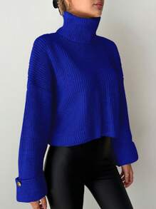 EURMUSE Women Casual Solid Color High Neck Dropped Shoulder Loose Cropped Sweater, Fall Autumn/Winter - Royal Blue - View 5