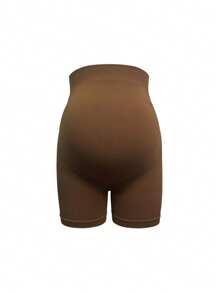 1pc Maternity Casual Shorts Coffee Color Elastic Waist Seamless Knitted Yoga Fitness High Waist Comfortable Everyday Wear Workout Short - Coffee Brown - View 3