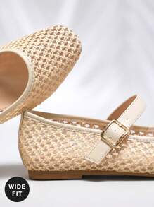 SHUZIA 女式宽版方头编织玛丽珍扣带芭蕾平底鞋 - 米色 - 查看 4