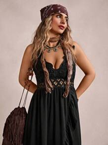 Freevana Plus Size Vacation Casual Lace Splicing Ruffles Hem Cami Dress,Beach Dress Sundress,Holiday Outfits Boho - Black - View 5