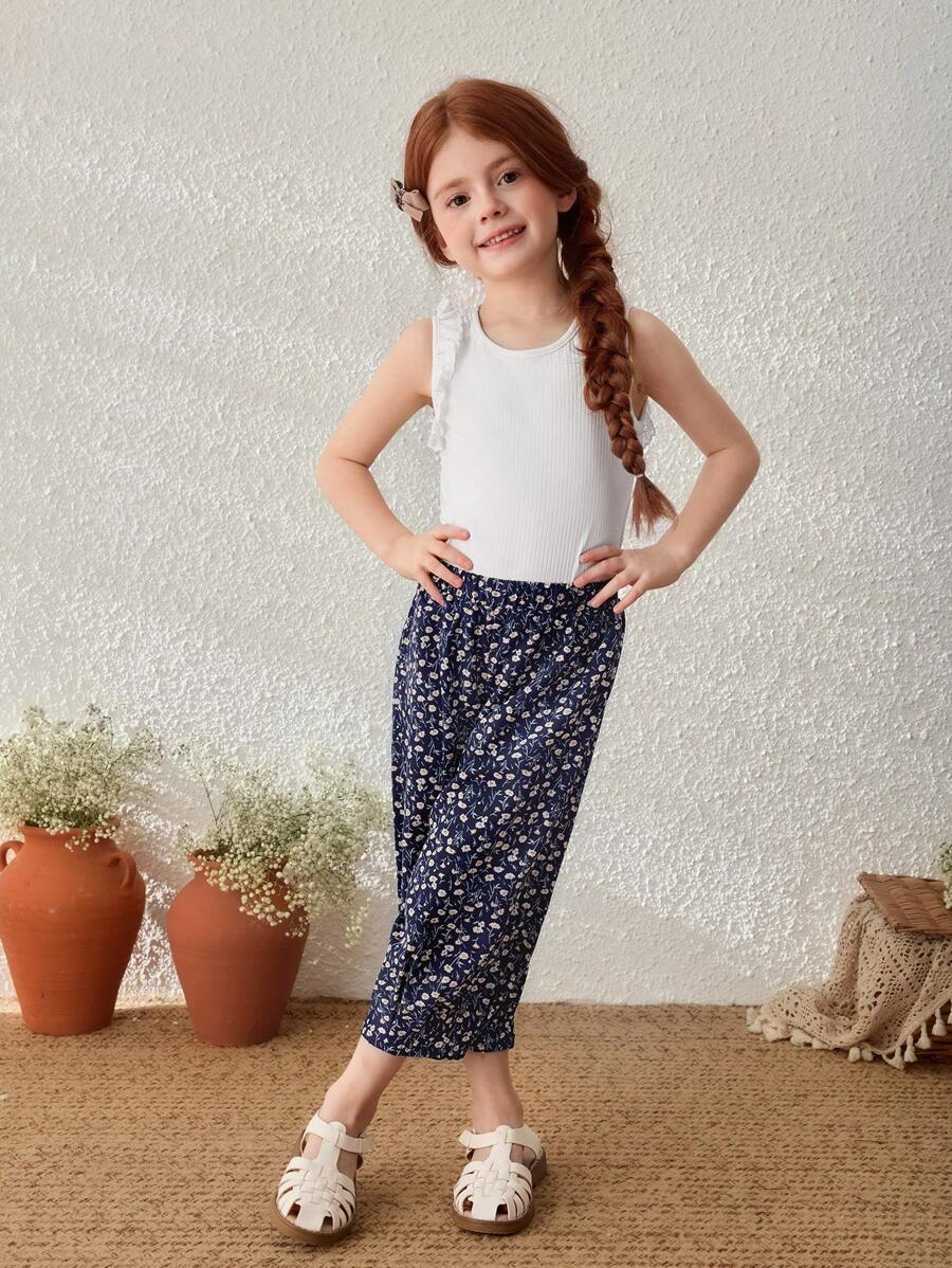 Blossori Young Girls Casual Ruffled Knit Camisole And Loose Cropped Pants Set - Multicolor - View 1