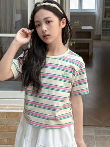 Dazy Kids Conjunto de 2 piezas para niña preadolescente con camiseta de punto de manga corta de cuello redondo a rayas + falda, ropa de verano y para volver al colegio - Blanco - Ver 5
