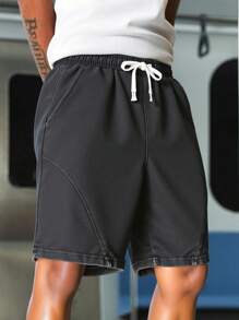 PAVTROS Manfinity Streetrush 男士纯色简约抽绳腰短裤，适合返校季穿着 - 黑色 - 查看 3