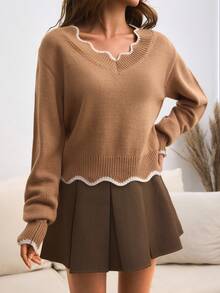 EURMUSE V Neck Casual Contrast Binding Detailed Sweater,Jumper,Jumpers For Women,Cream Jumper,Jumpers,Christmas Jumper,White Jumper,Black Jumper,Ladies Jumper,Women's Jumpers Brown Clothes Brown Sweater Brown Skirt Brown Two Piece Set Women Brown Outfit Women - Coffee Brown - View 4