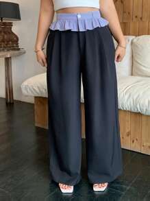 Dazy Plus Quần ống rộng ống loe khâu kẻ caro thường ngày có viền xếp nếp, dáng rộng thoải mái - màu đen - Xem 3