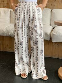 Dazy Plus Pantalon maxi ample à taille élastique avec imprimé floral, style bohème pour les vacances de printemps et d'été, grande taille - Blanc - Voir 3