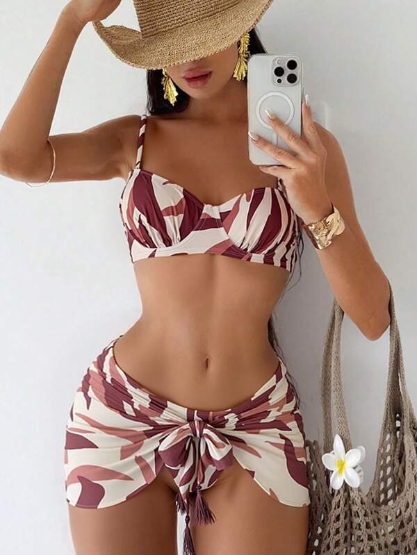 Swim SXY Conjunto de 3 piezas de elegante falda con estampado de cebra, paneles suaves, acero con boning, cordones y flecos, para mujer, ideal para primavera/verano, playa, aeropuerto y vacaciones