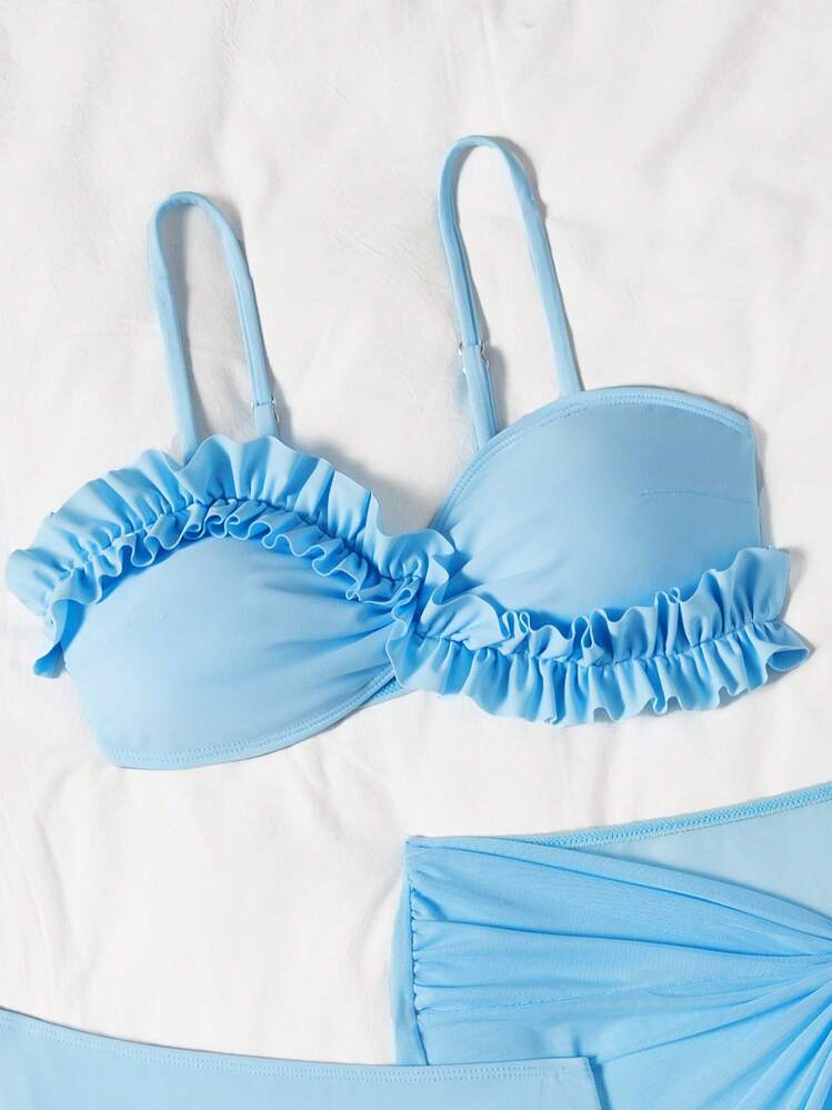 Set de 3 piezas de traje de baño tipo bikini azul elegante de estilo primavera/verano para adolescentes - Azul - Añade 5
