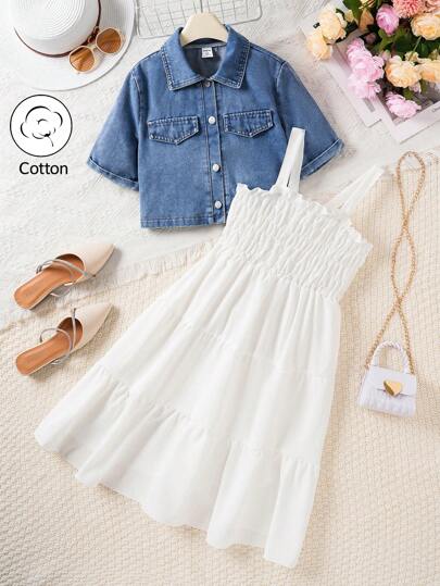 青少年女孩休闲牛仔夹克 + 白色吊带裙套装