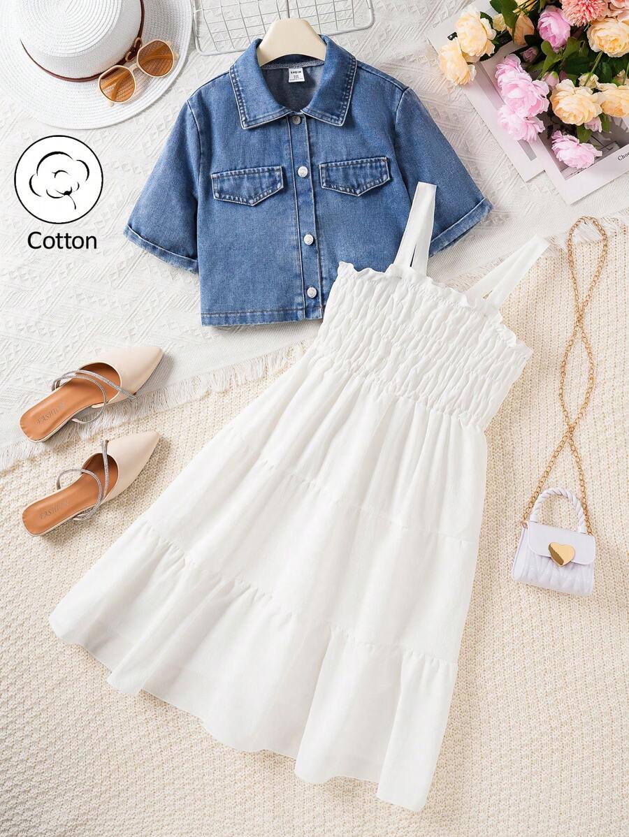 青少年女孩休闲牛仔夹克 + 白色吊带裙套装