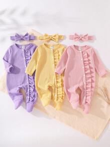 3pcs/Set Newborn Minimalist Solid Color Series White, Pink, Watermelon Pink Long Sleeve Romper & Headband Homesuit Fall Winter - Multicolor - View 1