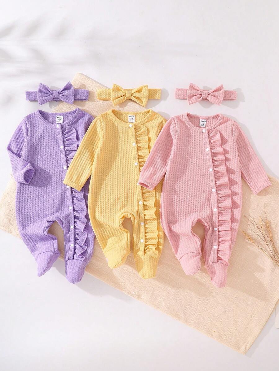 3pcs/Set Newborn Minimalist Solid Color Series White, Pink, Watermelon Pink Long Sleeve Romper & Headband Homesuit Fall Winter - Multicolor - View 1
