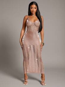 Radiana 透视网眼 V 领紧身吊带裙