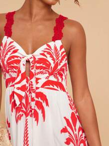 Travachic Robe Nuisette Avec Chaîne D'Accent À Lacets Sur Le Dos, Imprimé Plante Tropicale Ajourée, Style Vacances Pour Femmes - Multicolore - Voir 4