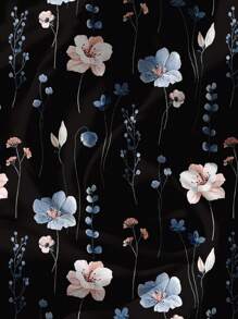 EMERY ROSE 大码女式休闲度假黑色V领荷叶袖宽松蓝白碎花印花雪纺衬衫，女士夏季度假时尚上衣 - 黑色 - 查看 5