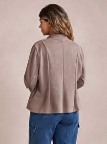 SHEIN LUNE Plus Size Suede Metal Button Casual Jacket, For Winter Fall Autumn - Khaki - View 2
