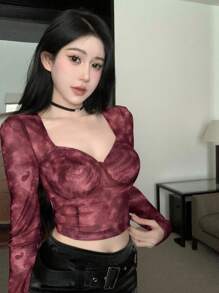 DAZY 扎染甜心领修身长袖上衣情人节、返校服装 - 紅色 - 查看 2