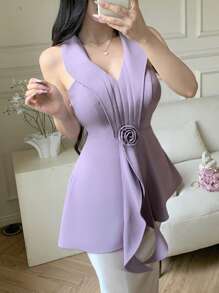 Modelyn Women's Sleeveless Solid Color 3D Floral Decor Elegant Blouse